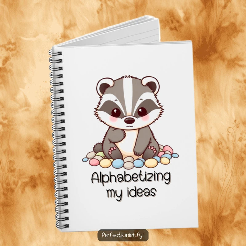 Funny badger notebook with a character meticulously alphabetizing small pebbles, inspiring neat note-taking and organized thoughts for detailed minds.