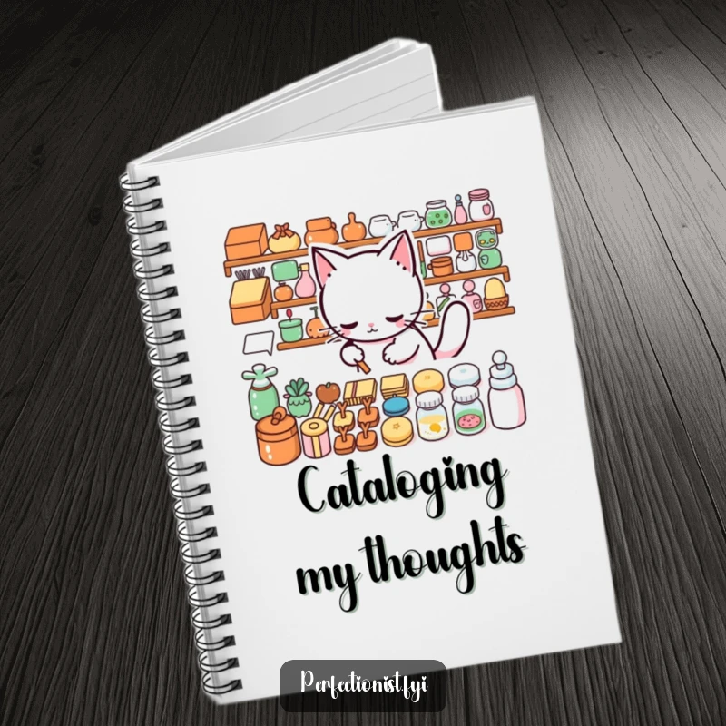 Funny Notebook: A cat meticulously arranges items, a humorous and organized cover for notes.