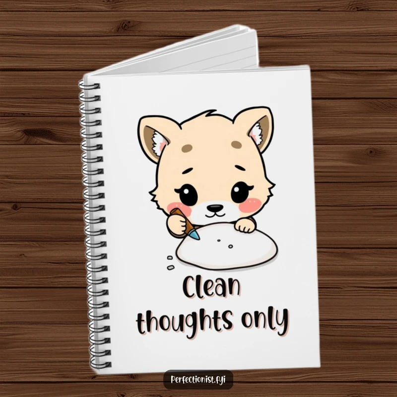 Funny notebook cover with a cute animal character meticulously cleaning a tiny speck of dust, encouraging detail.