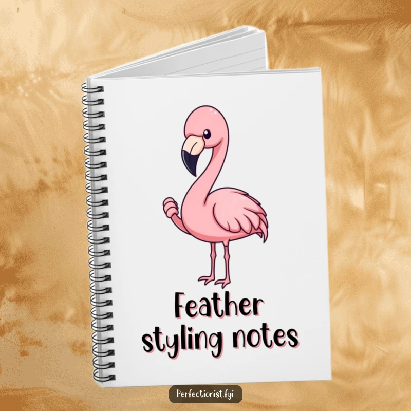 Funny flamingo notebook showing a blushing flamingo character concentrating on adjusting a feather, perfect for students and planners.