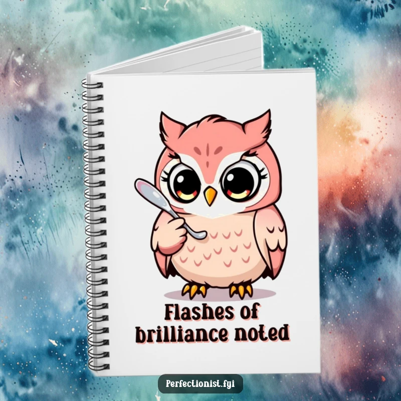 Funny notebook with a focused owl character, meticulously polishing a gleaming spoon, designed for jotting down shiny ideas.