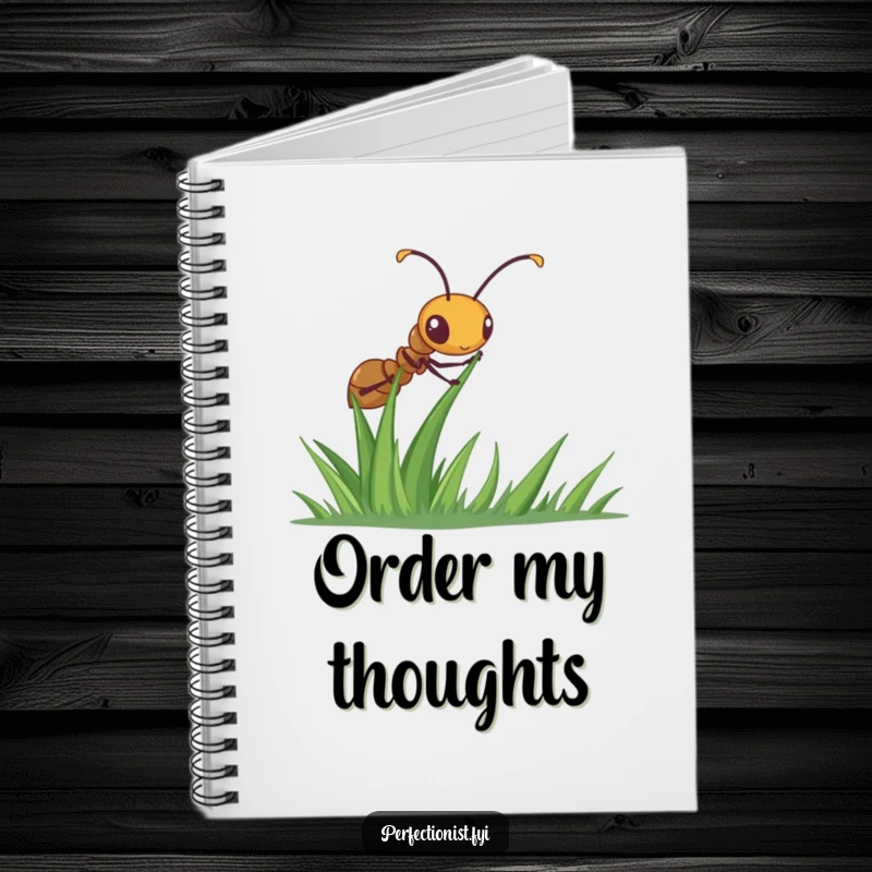 Funny ant notebook featuring a diligent ant meticulously straightening a blade of grass, ideal for jotting down notes with a focus on detail.