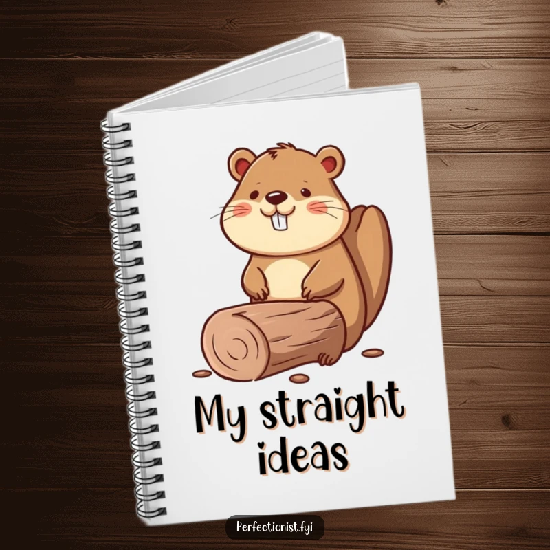 Funny notebook cover with a beaver meticulously smoothing a straight log, perfect for planning projects.