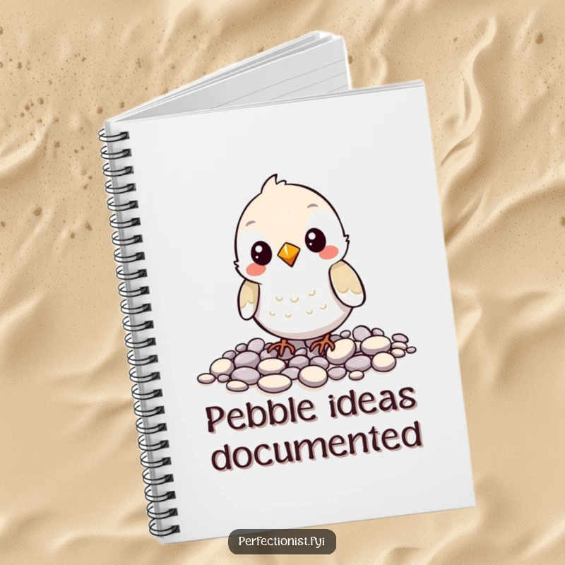 Funny notebook features a bird character meticulously arranging pebbles, perfect for jotting notes with a humorous emphasis on organization.