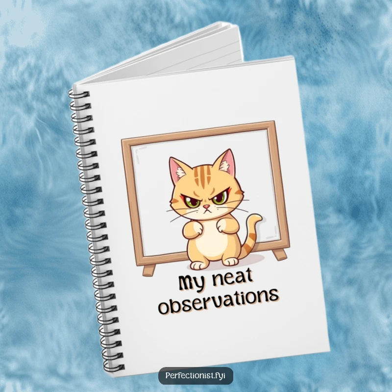 Funny notebook cover with a cat giving a stern look after straightening a painting, perfect for organized notes.