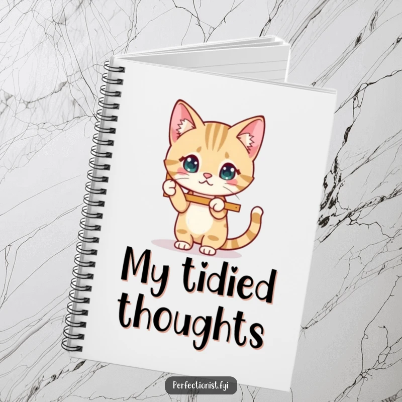 Funny Cat Notebook with a cat character meticulously straightening a wobbly picture frame, perfect for journaling with order.