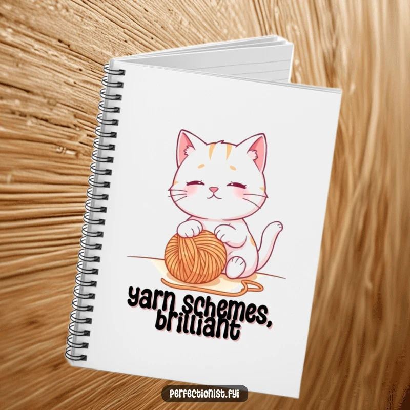 Funny cat notebook showing a contented cat character observing a perfectly placed ball of yarn, perfect for students and planners.