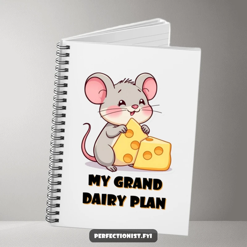 Funny notebook with a content mouse character admiring a perfect cheese triangle, perfect for writing, journaling, and all things cheesy.