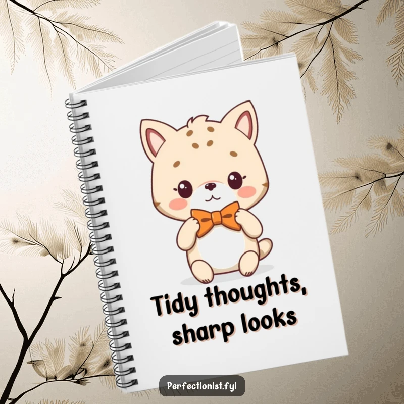 Funny Notebook adorned with an animal character adjusting its perfectly symmetrical bowtie, symbolizing sharp style.