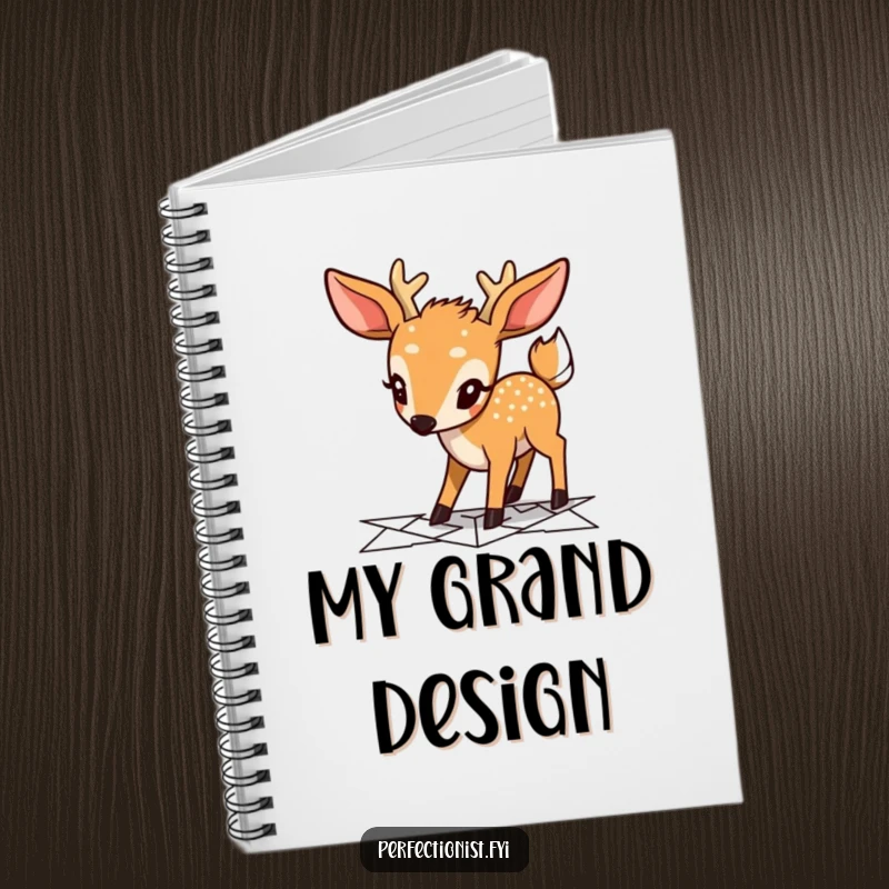Funny deer notebook with a focused character planning a geometric pathway, perfect for writing, drawing, and strategizing with humor.
