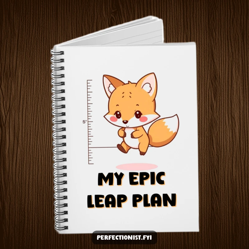 Funny notebook cover with a careful fox character measuring the perfect distance to jump, symbolizing strategic planning and organized thoughts.