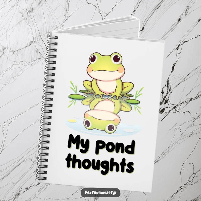 Funny notebook features a frog character polishing its reflection in a pond, perfect for jotting notes with a humorous emphasis on self-care.