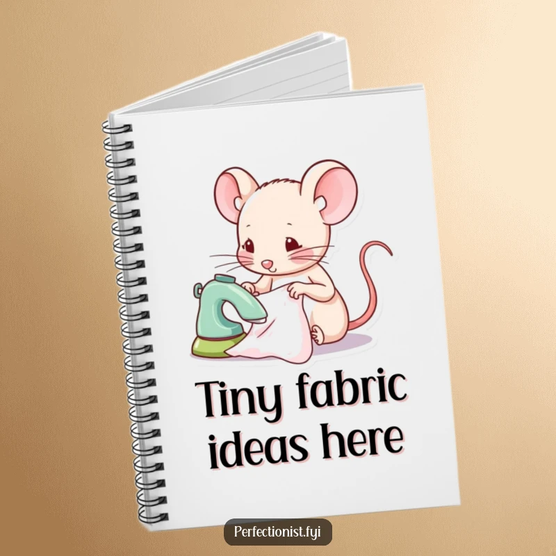 Funny mouse notebook showing a focused mouse character ironing a tiny piece of fabric, perfect for students and planners.