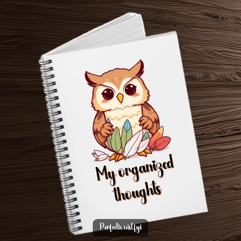 Funny owl character meticulously sorting feathers by size on a notebook cover, ideal for organized note-taking and as a funny gift.