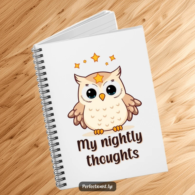 Funny notebook with an owl meticulously aligning stars in its gaze, designed for organized note-taking and a humorous reminder of cosmic connection.