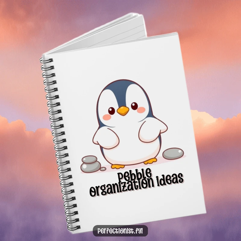 Funny penguin notebook showing a cheerful penguin character organizing pebbles in a line, perfect for students and planners.
