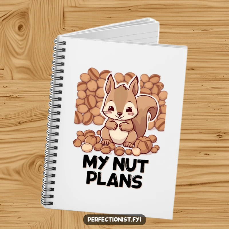 Funny notebook with a diligent squirrel character meticulously organizing nuts by size, designed for organized note-taking and adding a touch of humor.