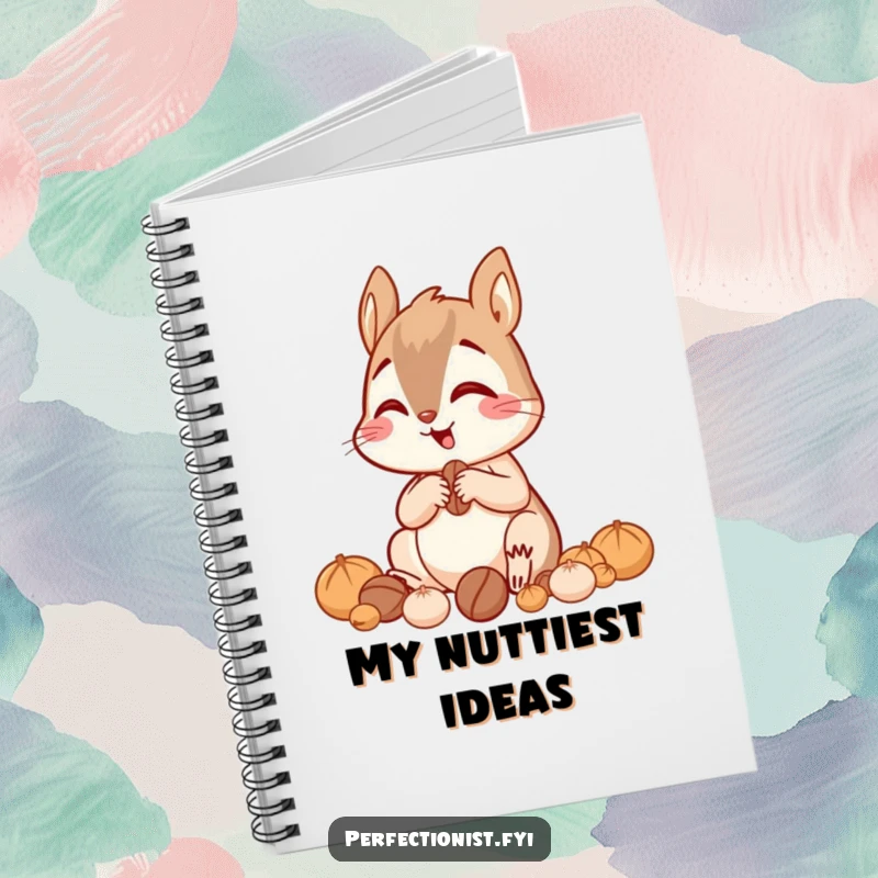 Funny giggling squirrel sorting nuts by size with great focus on a notebook, ideal for journaling and planning.