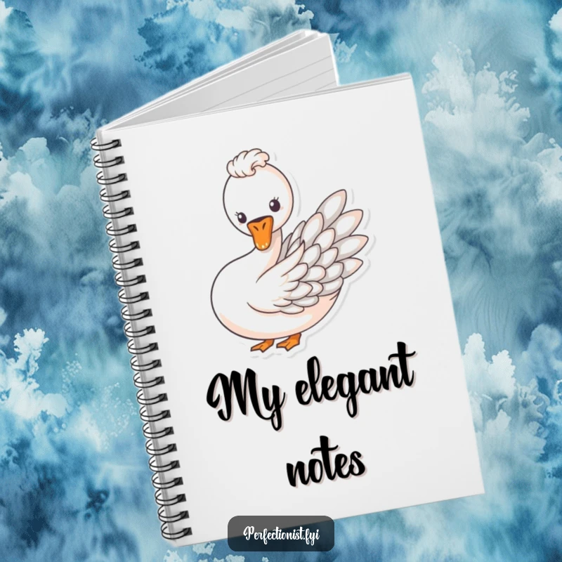 Funny notebook cover with a swan carefully arranging feathers in a pattern, perfect for elegant journaling.