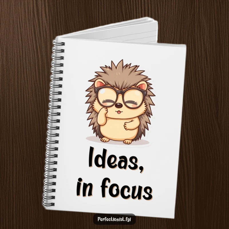 Funny notebook with a diligent hedgehog character, meticulously cleaning its spectacles, designed for jotting down clear thoughts.