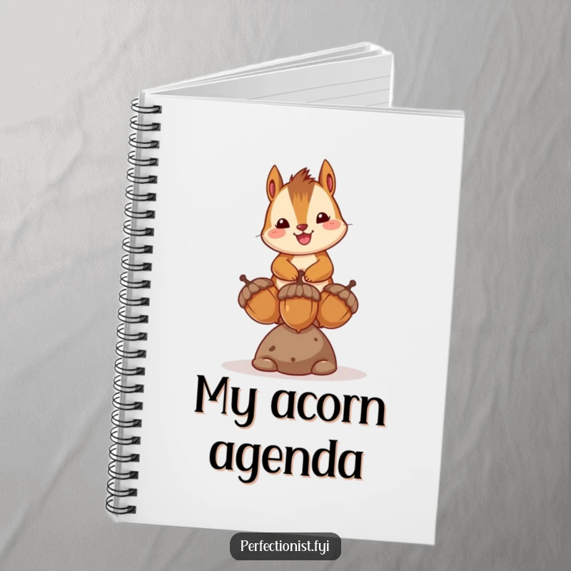 Funny notebook features a happy chipmunk character balancing three acorns, perfect for jotting notes with a humorous emphasis on skill and joy.
