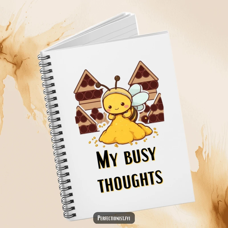 Funny Kawaii bee notebook cover, a diligent bee meticulously organizing pollen, inspiring focused note-taking.