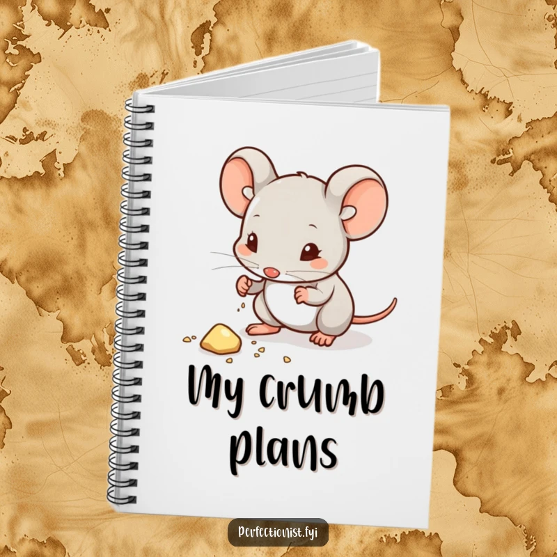 Funny notebook features a mouse character wiping dust from a crumb, perfect for jotting notes with a humorous emphasis on extreme cleanliness.