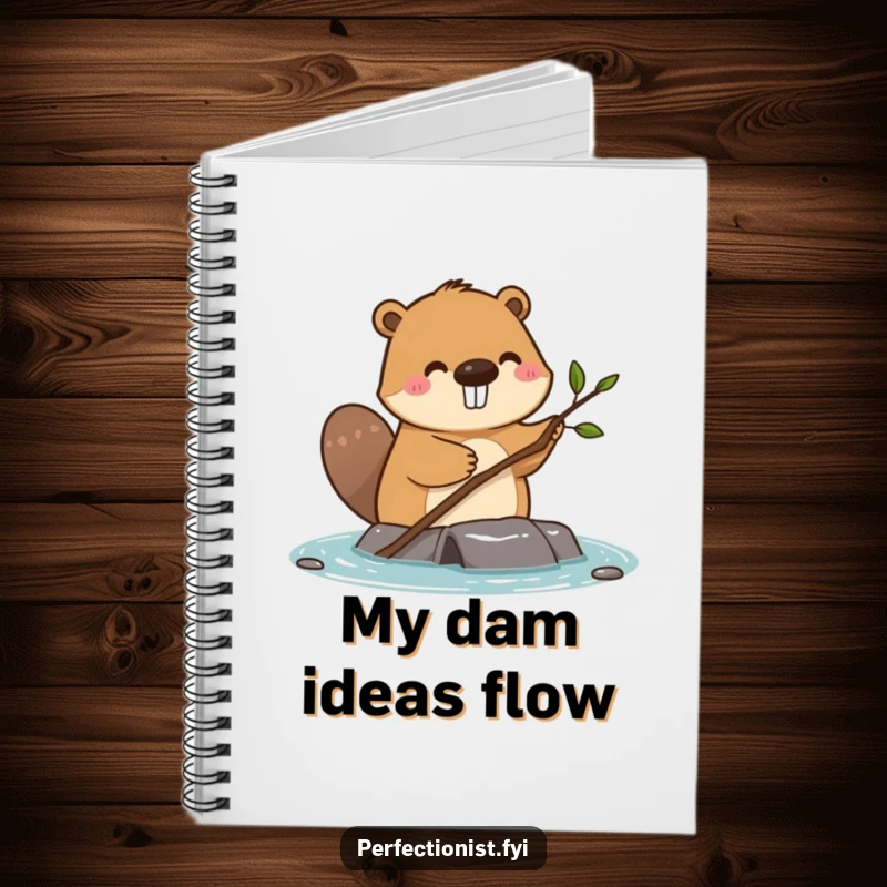 Funny happy beaver straightening a single small twig on a dam on a notebook, ideal for journaling and project planning.