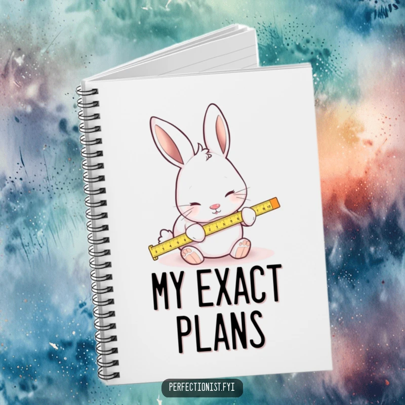 Funny notebook cover with a focused rabbit using a tiny ruler to measure, a humorous item for note-taking.