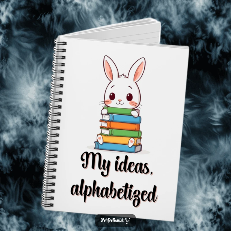 Funny notebook with a meticulous rabbit character, perfectly arranging a stack of books, designed for jotting down organized thoughts.
