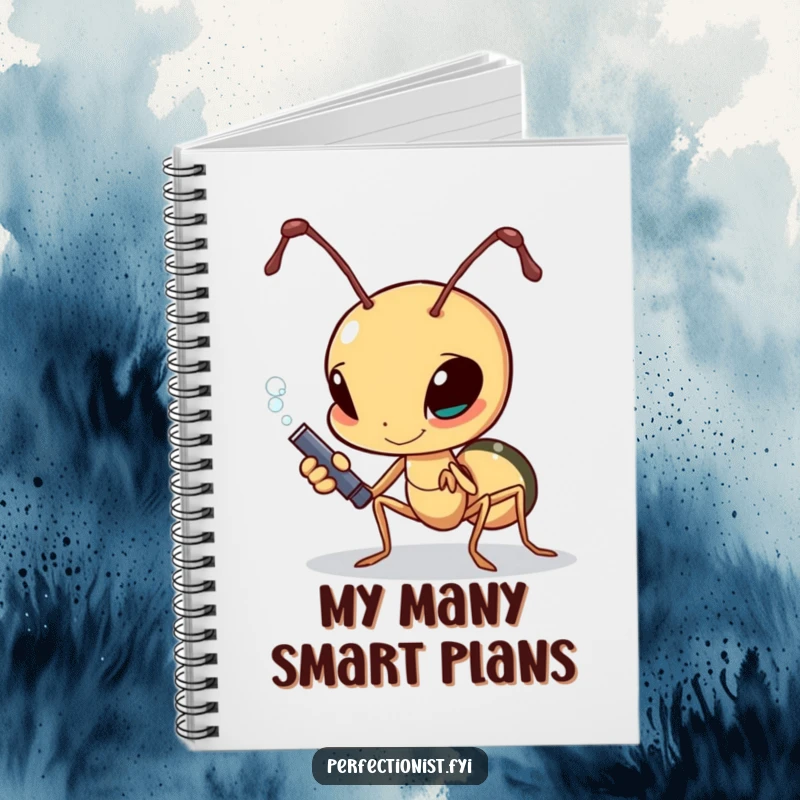 Funny determined ant polishing a single grain of sugar on a notebook, ideal for journaling and planning.