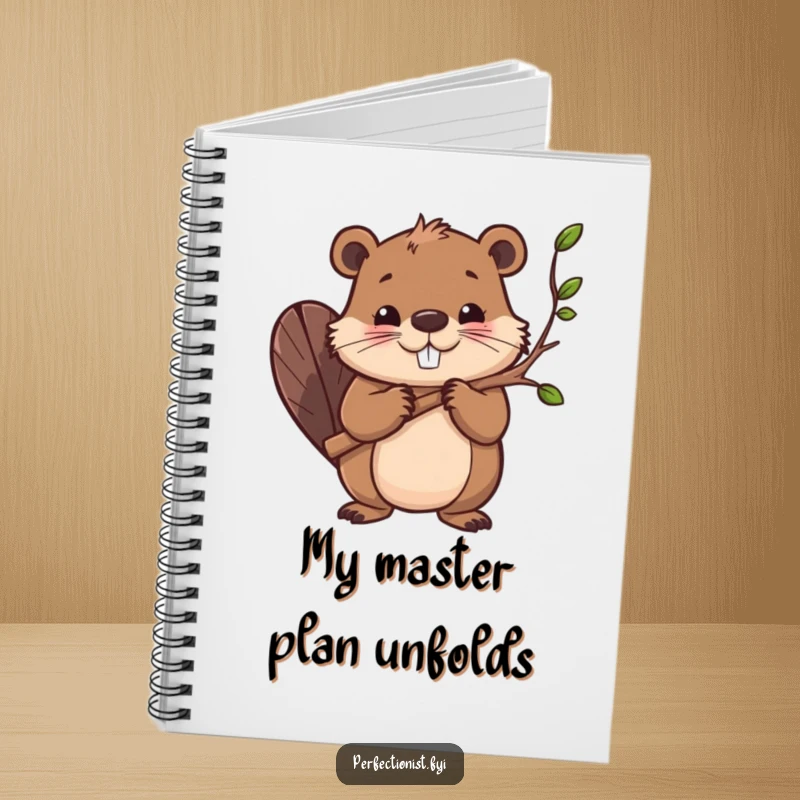 Funny notebook cover with a determined beaver character smoothing branches, symbolizing organized thoughts and meticulously planned projects with humor.