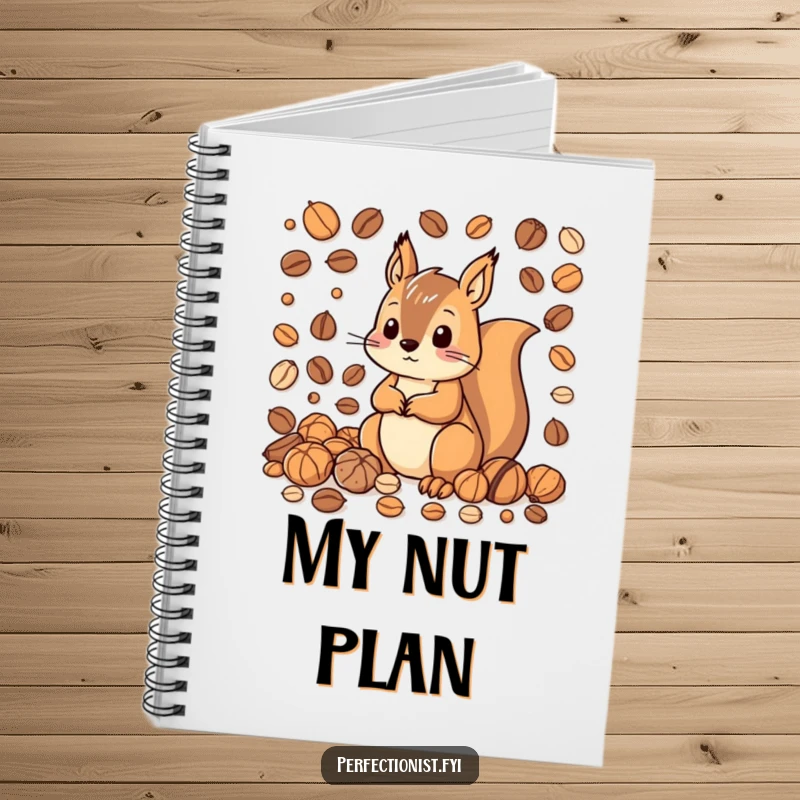 Funny notebook features a squirrel character organizing nuts by size and color, perfect for jotting notes with a humorous emphasis on order.