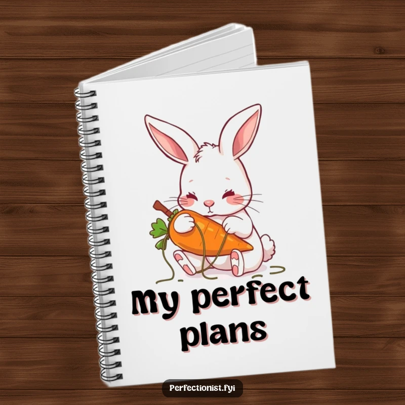 Funny notebook cover with a rabbit meticulously plucking threads from a carrot, perfect for organized note-taking.