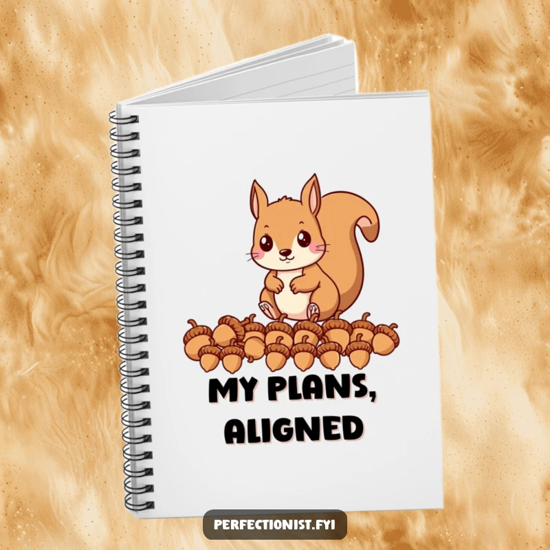 Funny notebook with a precise squirrel character, lining up acorns in a perfect row, designed for jotting down organized plans.