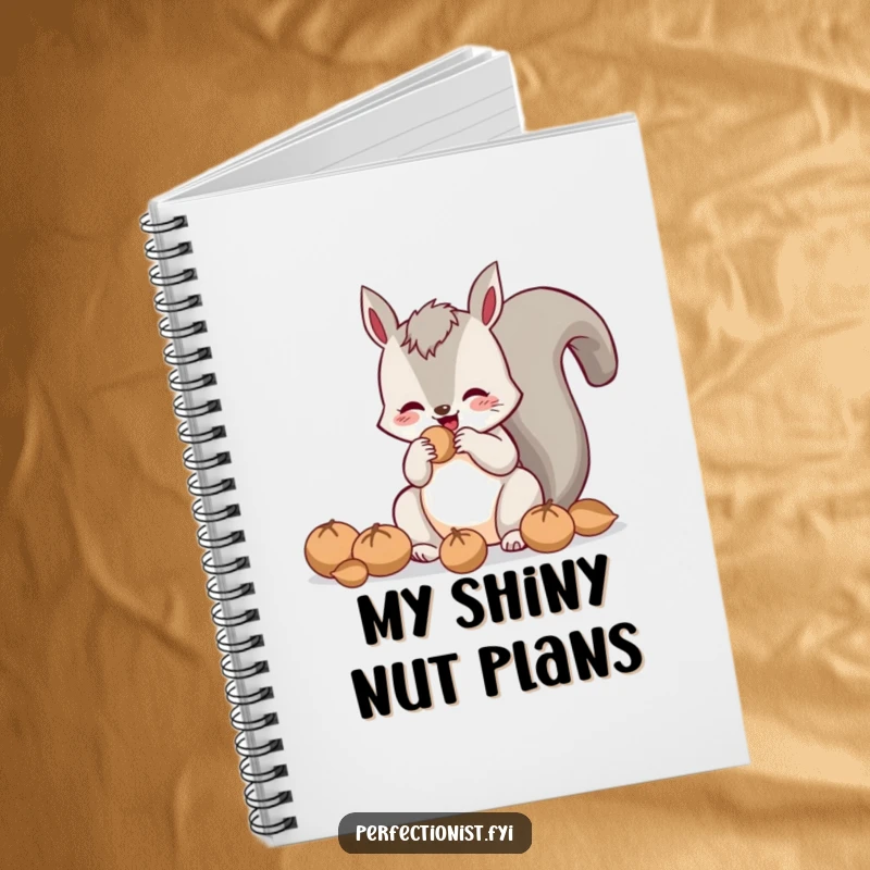 Funny notebook cover with a cheerful squirrel polishing nuts, a humorous item for note-taking and idea generation.