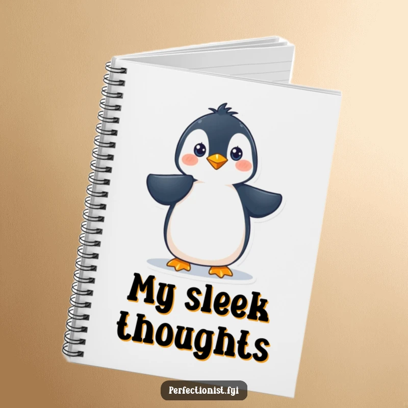 Funny penguin character meticulously smoothing its feathers on a notebook cover, ideal for polished note-taking and as a funny gift.