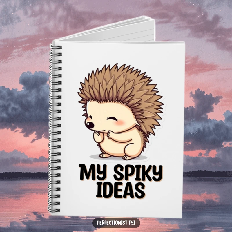Funny hedgehog character meticulously grooming its spines on a notebook cover, ideal for neat note-taking and as a funny gift.