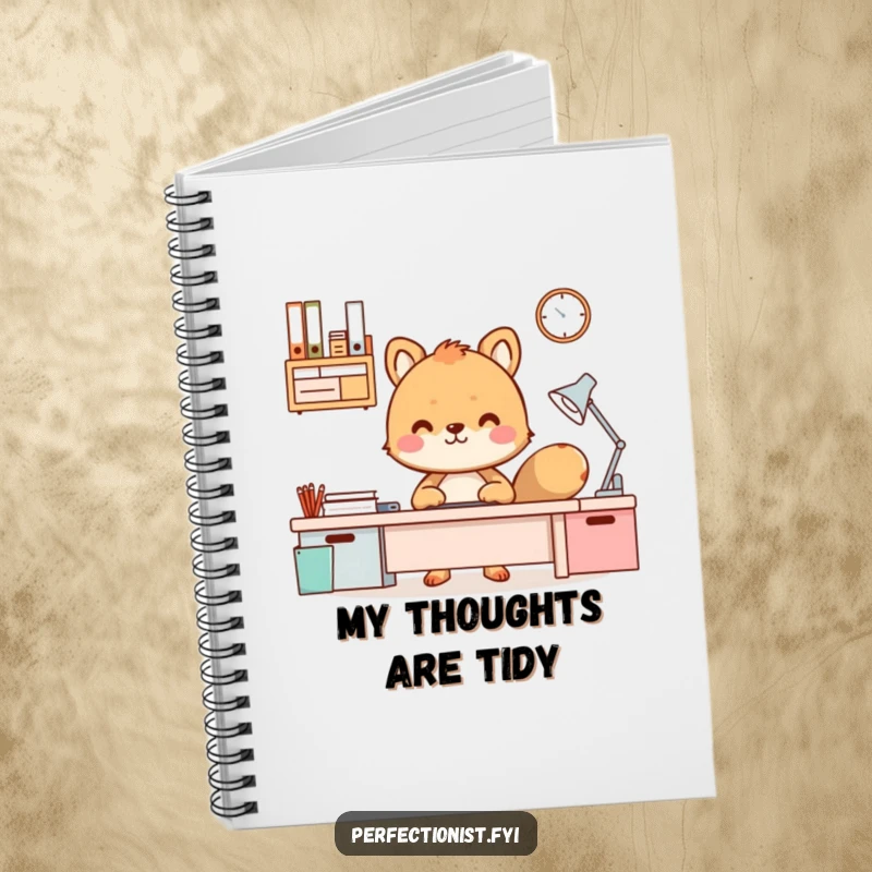 Funny Notebook adorned with an animal character proudly overseeing a perfectly organized desk surface.