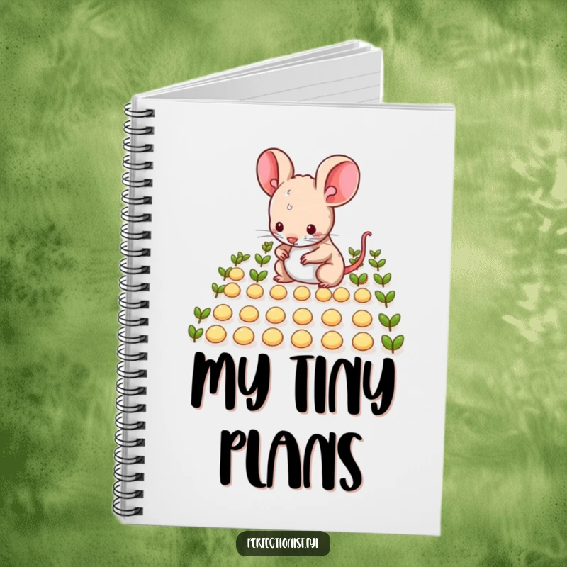 Funny mouse character meticulously arranging tiny seeds in neat rows on a notebook cover, ideal for tidy note-taking and as a funny gift.