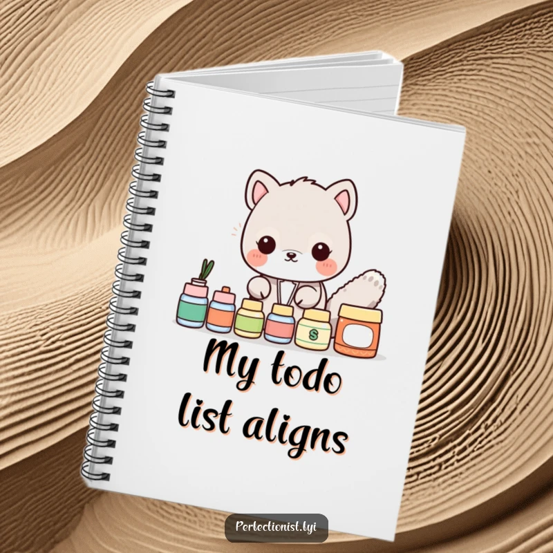 Funny Notebook: An animal character meticulously aligns writing utensils or papers, embodying organized humor for note-taking.