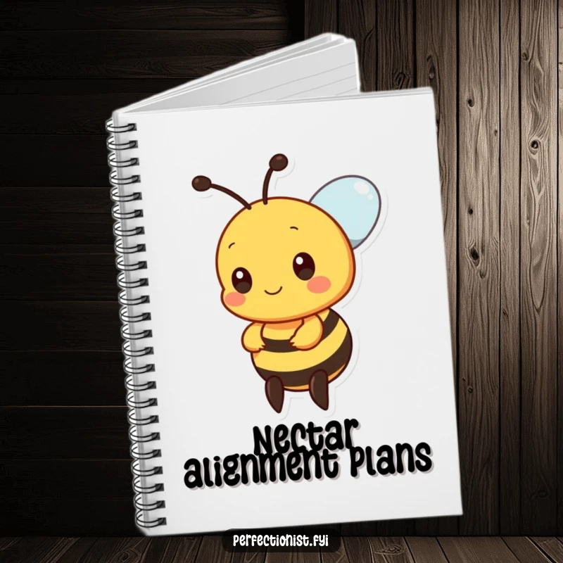 Funny bee notebook showing a precise bee character aligning nectar drops, perfect for students and planners.