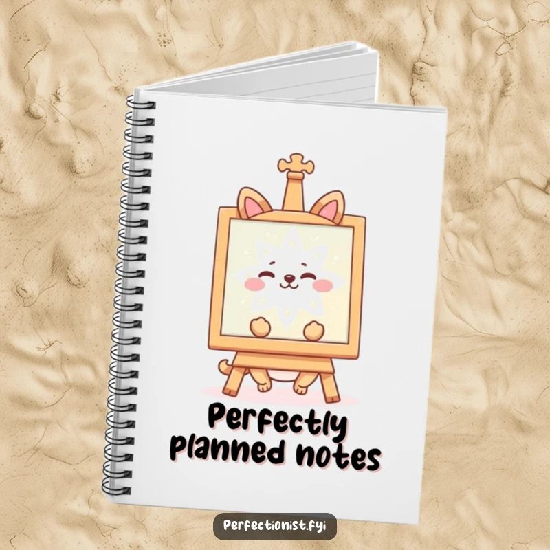 Funny notebook cover with a happy animal character admiring a symmetrical creation, perfect for notes. A cute funny gift.