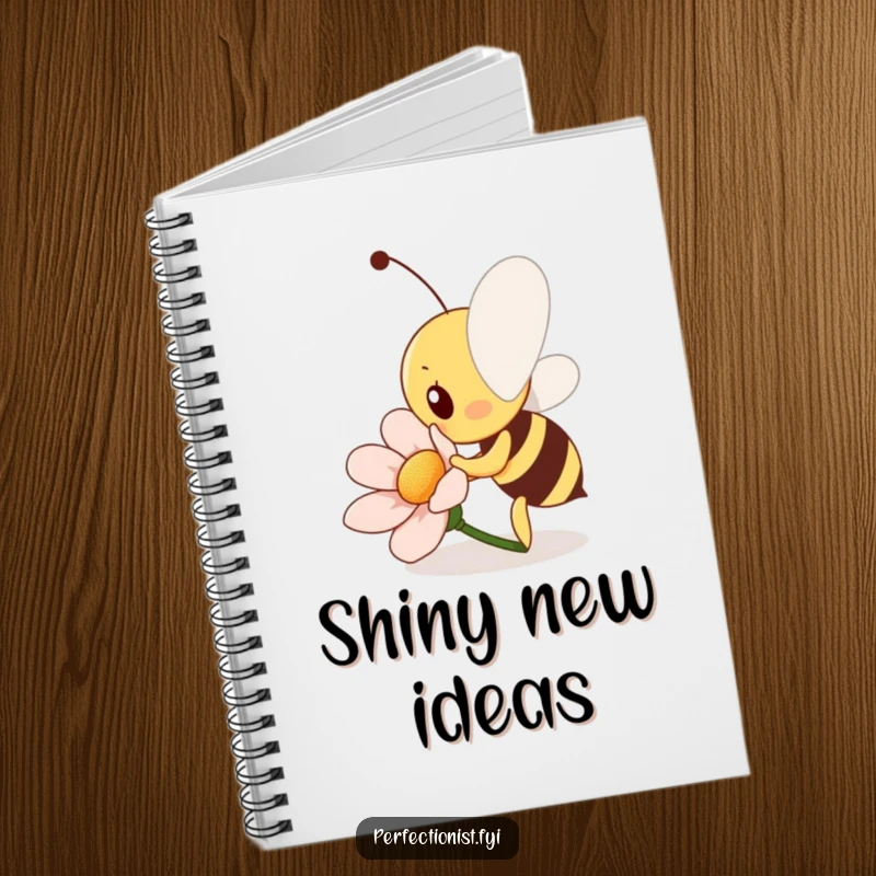 Funny Bee Notebook: A diligent bee character is polishing a flower petal to a shine, representing bright ideas and meticulous note-taking.