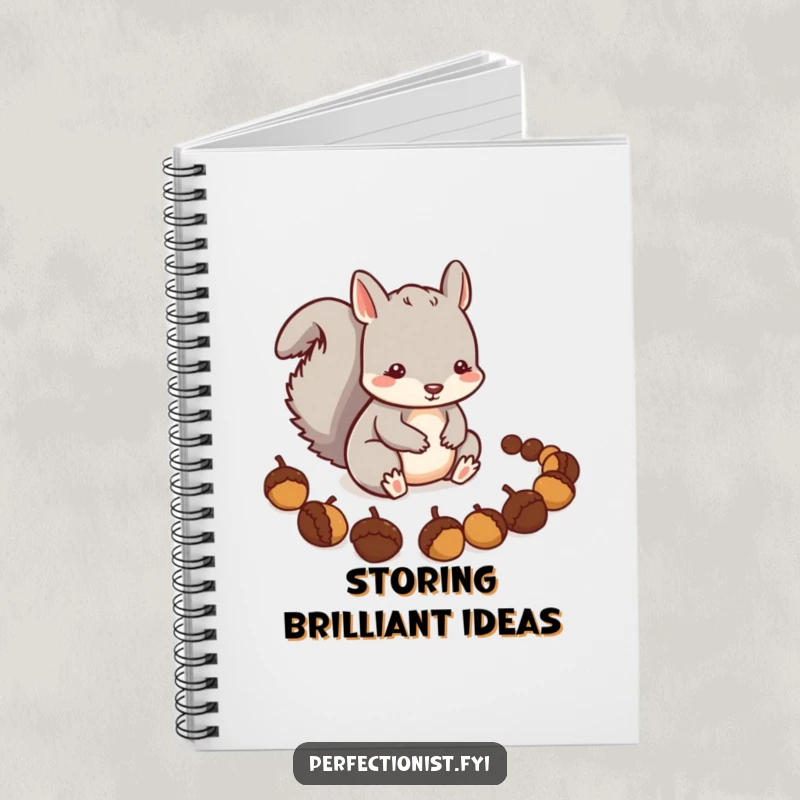 Funny Squirrel Notebook: A careful squirrel character is precisely arranging a line of acorns, representing organized thought and meticulous planning.