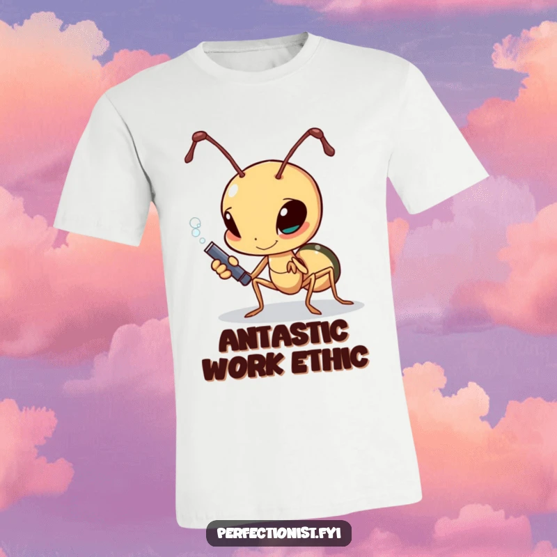 Funny determined ant polishing a single grain of sugar on a t-shirt, ideal for diligent workers.
