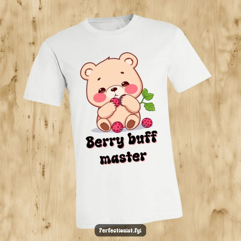 Funny T-Shirt: Focused bear character polishing a single berry to a shine, highlighting a humorous pursuit of flawless results.