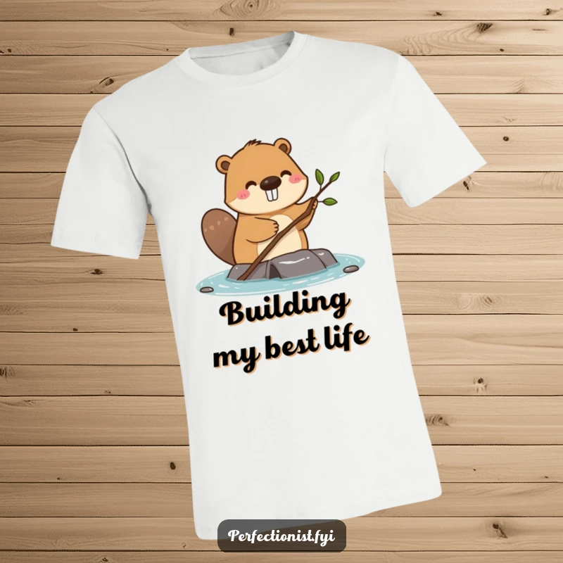 Funny happy beaver straightening a single small twig on a dam on a t-shirt, ideal for construction enthusiasts.