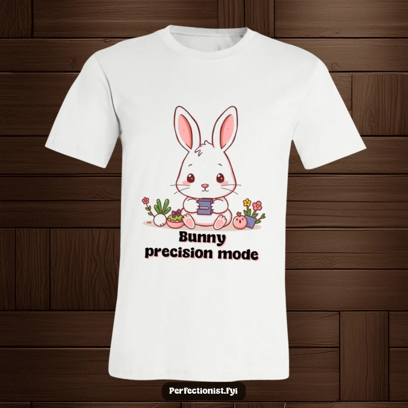 Funny T-Shirt: A rabbit precisely lines up small items, a humorous depiction of focus.