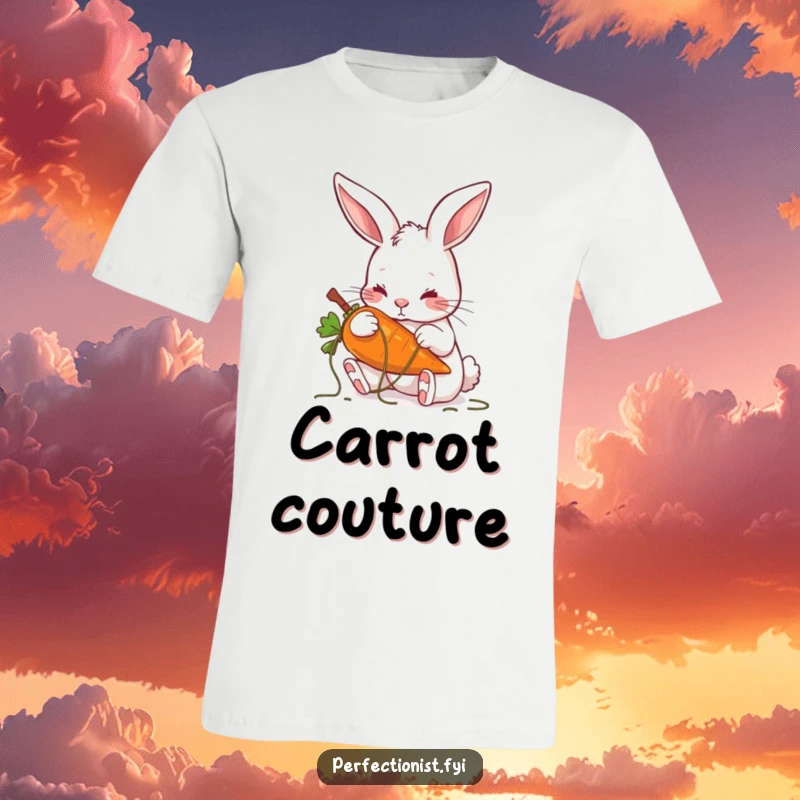 Funny t-shirt featuring a rabbit meticulously removing stray threads from a carrot, celebrating precision and neatness.